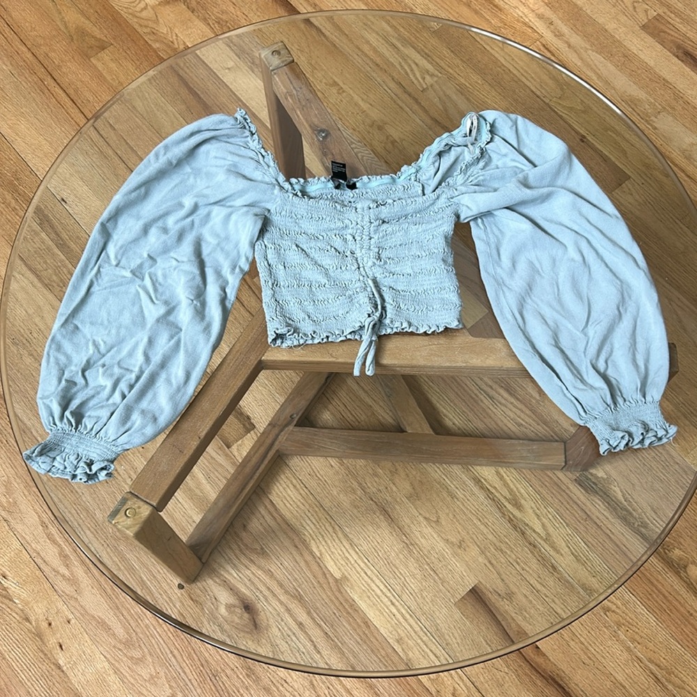 Forever 21 light blue off the shoulder long sleeve crop top